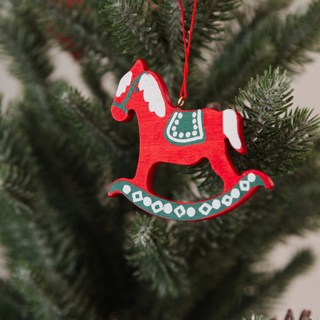 wooden red rocking horse ornament